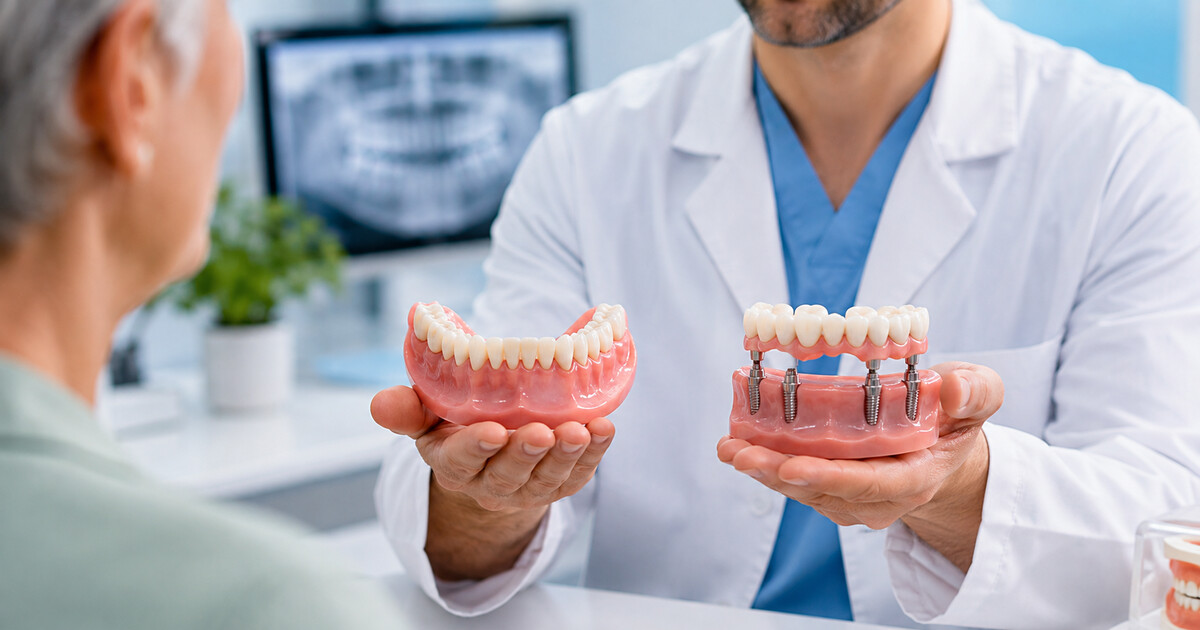 Dentist comparing a traditional removable denture with an implant-supported full-arch restoration during a patient consultation.