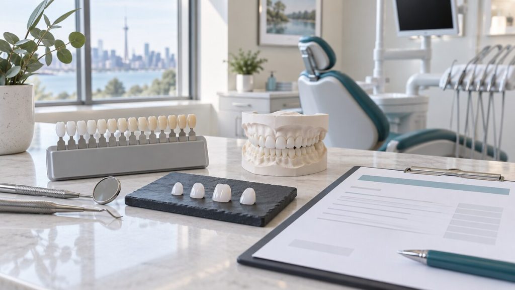 Porcelain veneer samples and a dental shade guide displayed during a treatment cost consultation.