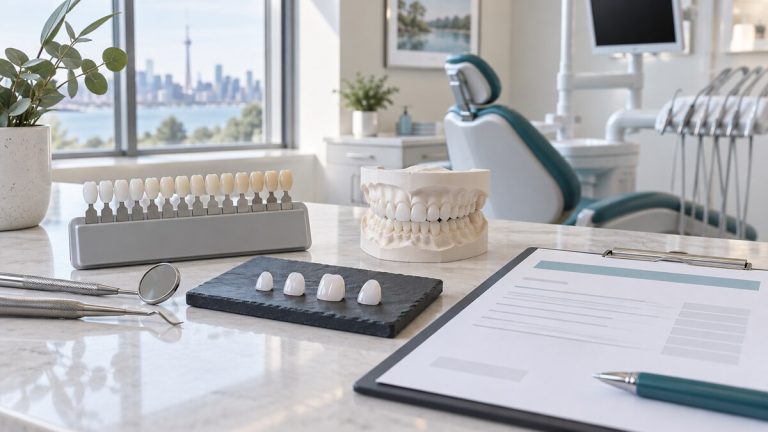 Porcelain veneer samples and a dental shade guide displayed during a treatment cost consultation.