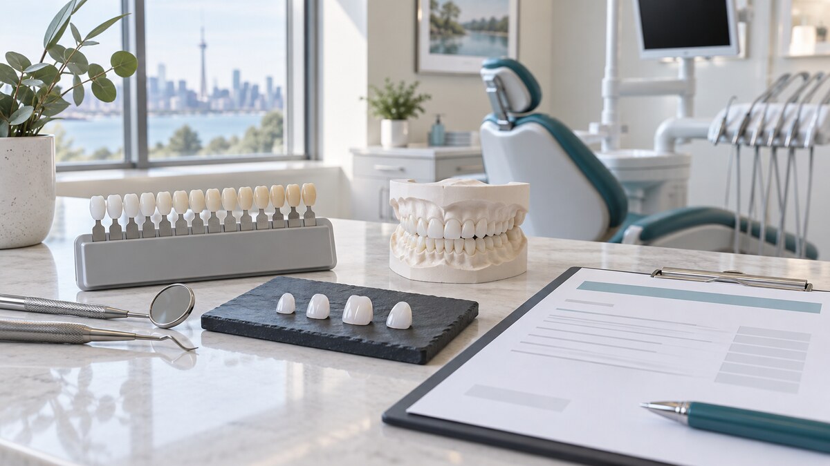 Porcelain veneer samples and a dental shade guide displayed during a treatment cost consultation.