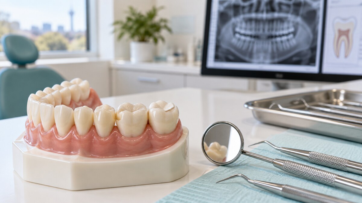 Dental model showing a chipped and worn tooth during an examination for brittle teeth.