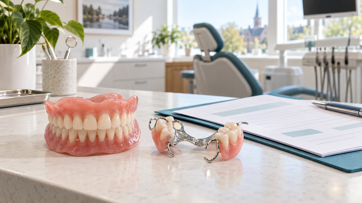 Full and partial dentures displayed during a dental coverage consultation.
