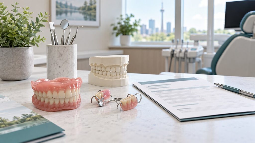 Full and partial dentures displayed with a dental treatment estimate during a consultation.