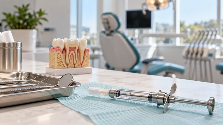 Dental instruments and tooth model representing local anesthesia used during dental treatment.