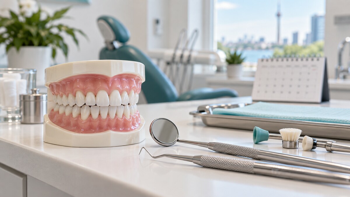 Dental model and professional cleaning instruments arranged for a preventive dental appointment.
