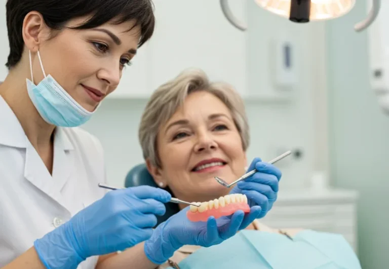 Dental professional showing a denture model during a consultation.