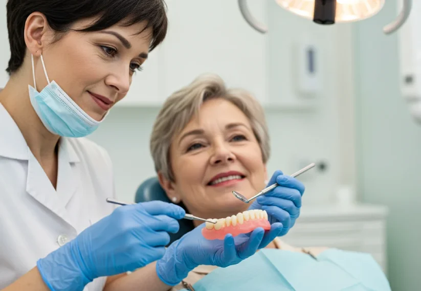 Dental professional showing a denture model during a consultation.