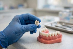 Dentist showing a dental crown on a tooth model