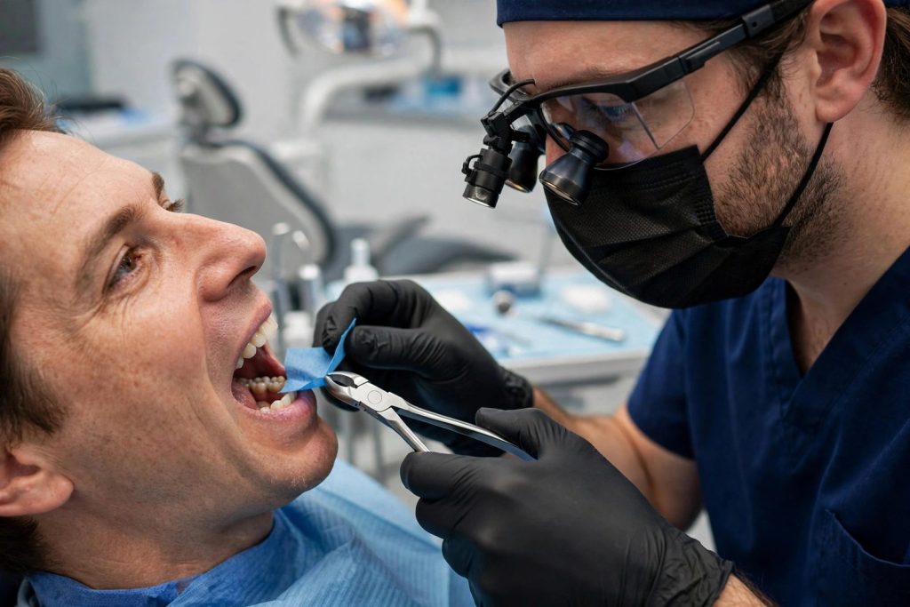 Dentist checking a new filling's bite with articulating paper